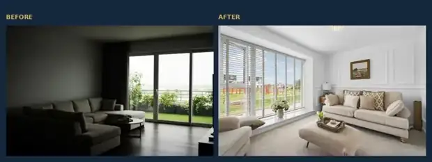 Before and after example of real estate photo editing, showing a corrected and balanced interior photograph