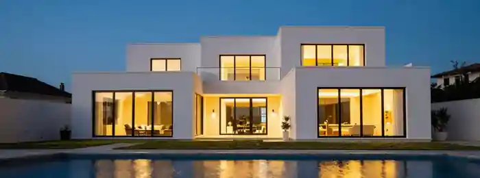 Modern property photographed at dusk with illuminated interiors