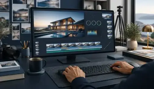 Video editing workstation with property footage arranged on a video editing timeline