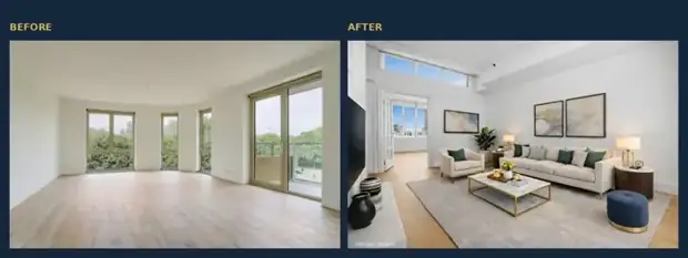Before and after example showing an empty room digitally furnished with living room furniture and decor